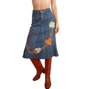 Vintage 70s denim midi skirt with floral leather applique